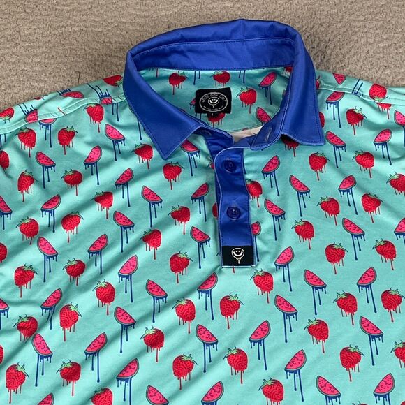 Good Boy Golf Polo Performance Mens L Blue Watermelon Strawberry Shirt Graphic - Picture 2 of 11
